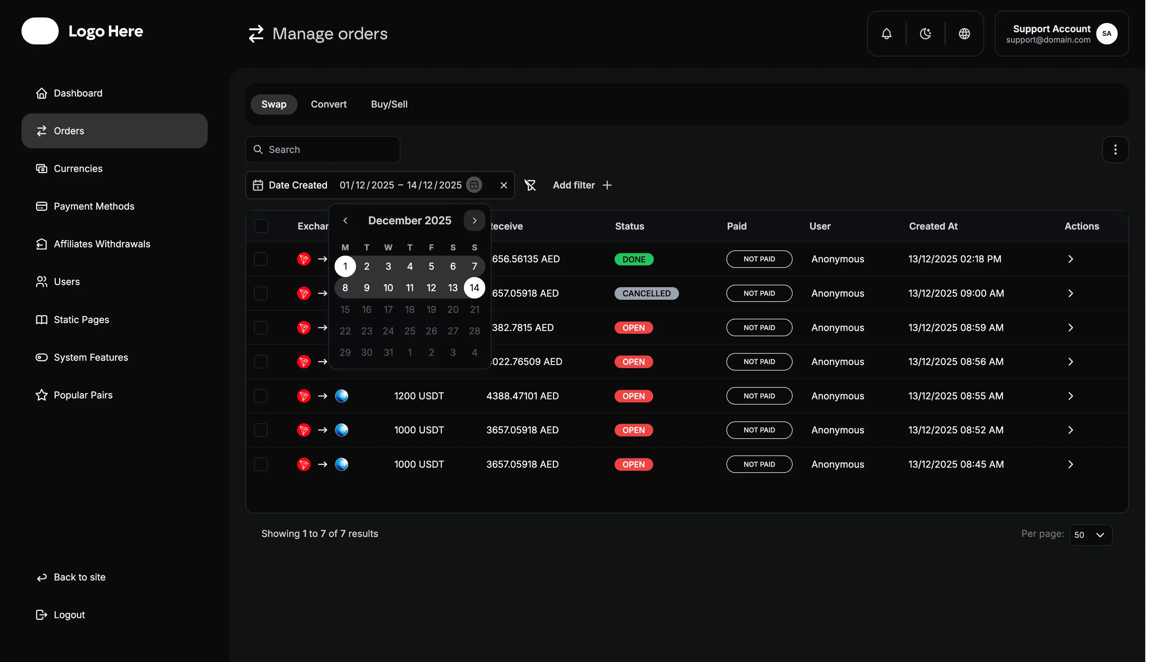 Admin Orders Filter Combination