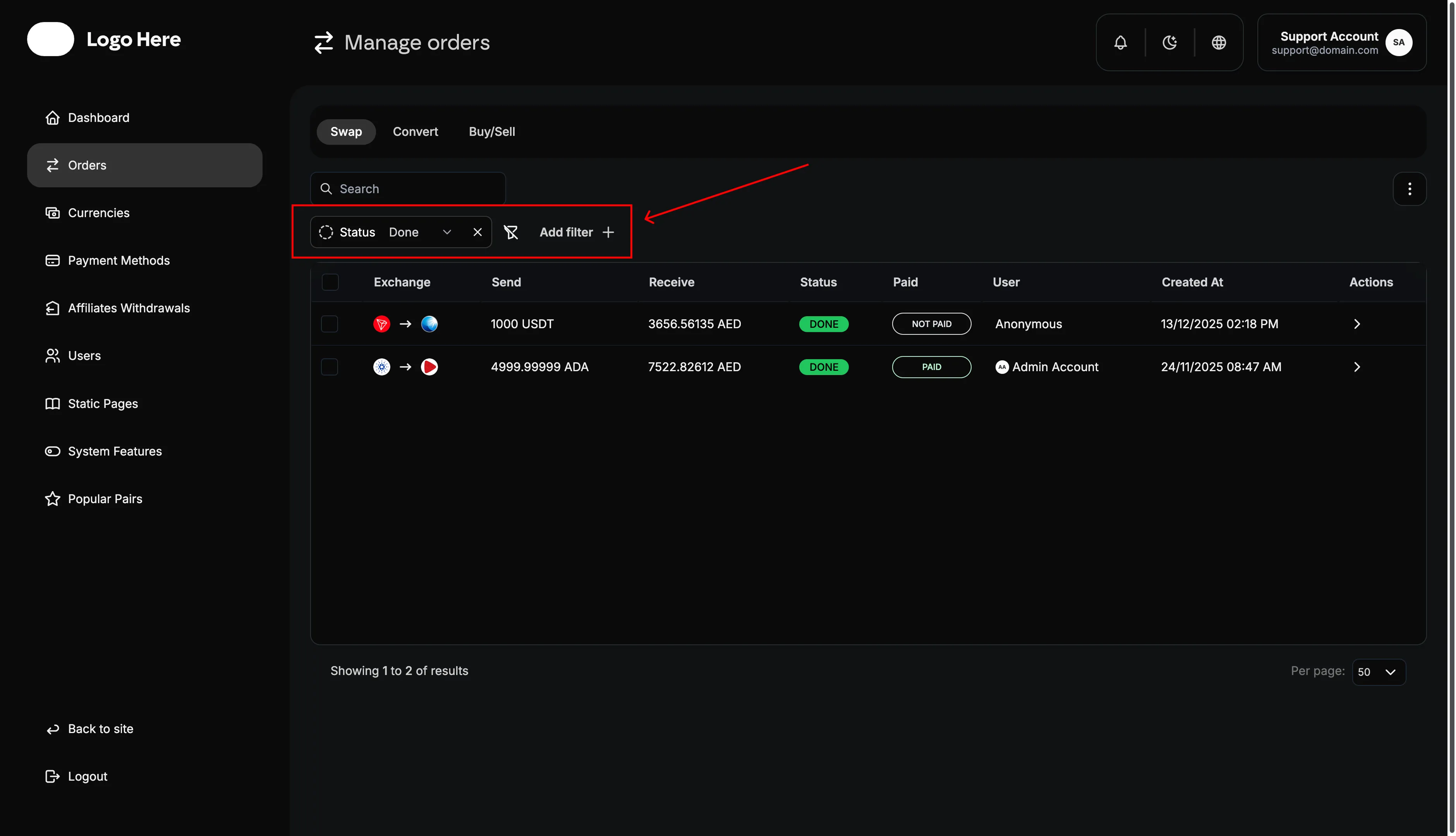 Admin Order Filtters